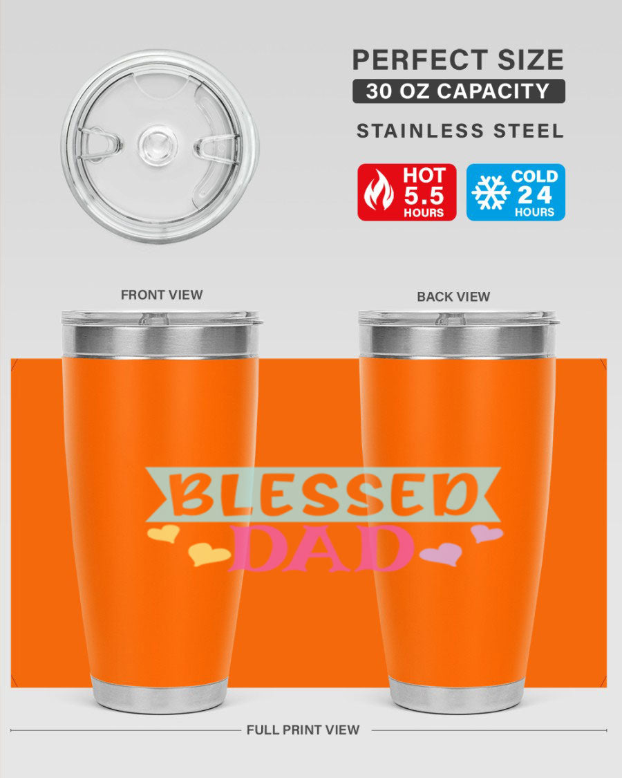 Blessed Dad 37# Tumbler in stainless steel with a drink-thru lid, showcasing its sleek design and vibrant print.