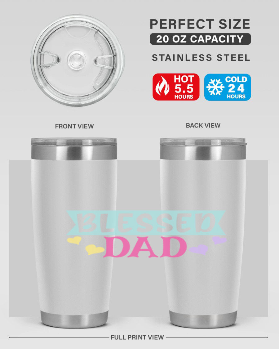 Blessed Dad 37# Tumbler in stainless steel with a drink-thru lid, showcasing its sleek design and vibrant print.