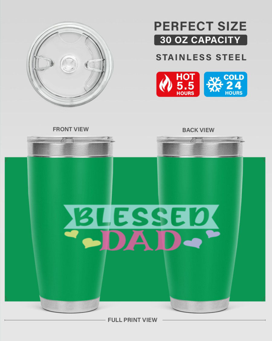 Blessed Dad 37# Tumbler in stainless steel with a drink-thru lid, showcasing its sleek design and vibrant print.