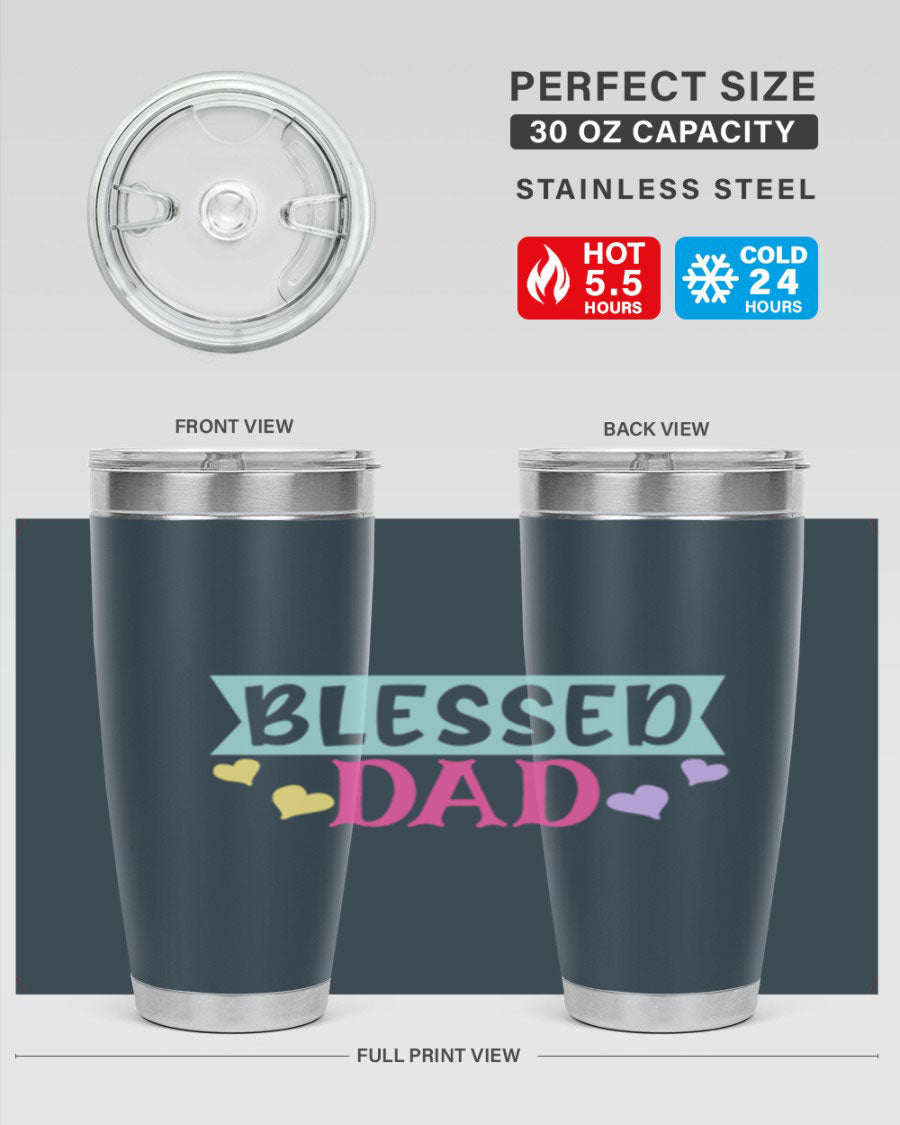 Blessed Dad 37# Tumbler in stainless steel with a drink-thru lid, showcasing its sleek design and vibrant print.