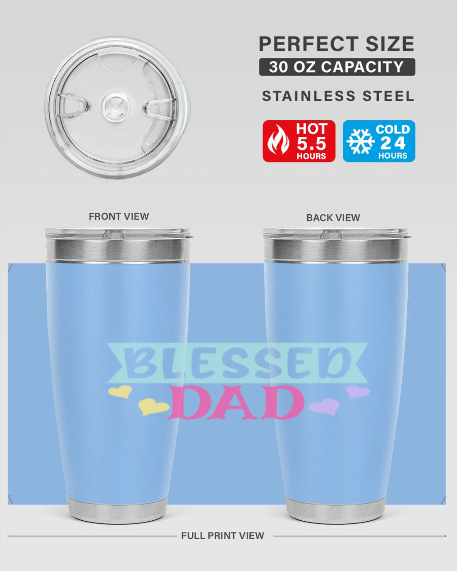 Blessed Dad 37# Tumbler in stainless steel with a drink-thru lid, showcasing its sleek design and vibrant print.