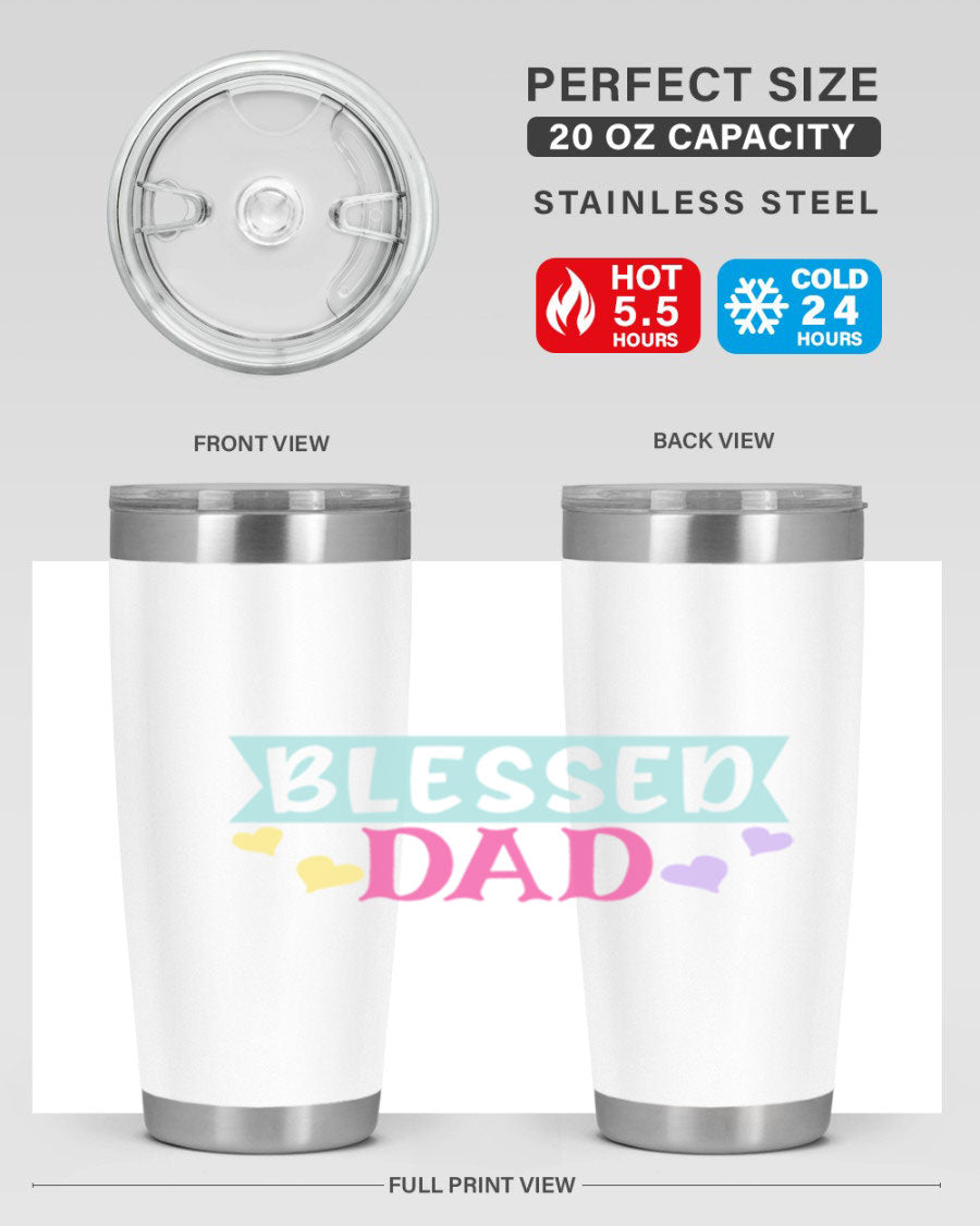 Blessed Dad 37# Tumbler in stainless steel with a drink-thru lid, showcasing its sleek design and vibrant print.