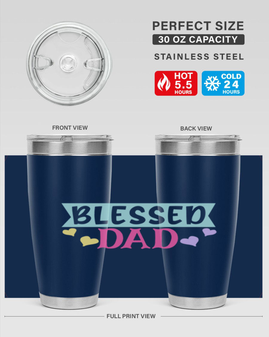 Blessed Dad 37# Tumbler in stainless steel with a drink-thru lid, showcasing its sleek design and vibrant print.