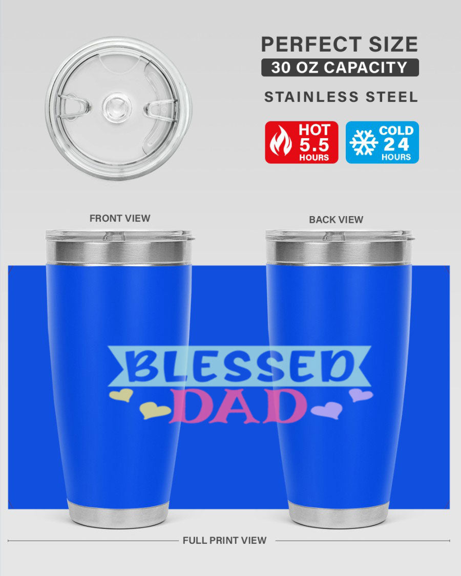 Blessed Dad 37# Tumbler in stainless steel with a drink-thru lid, showcasing its sleek design and vibrant print.