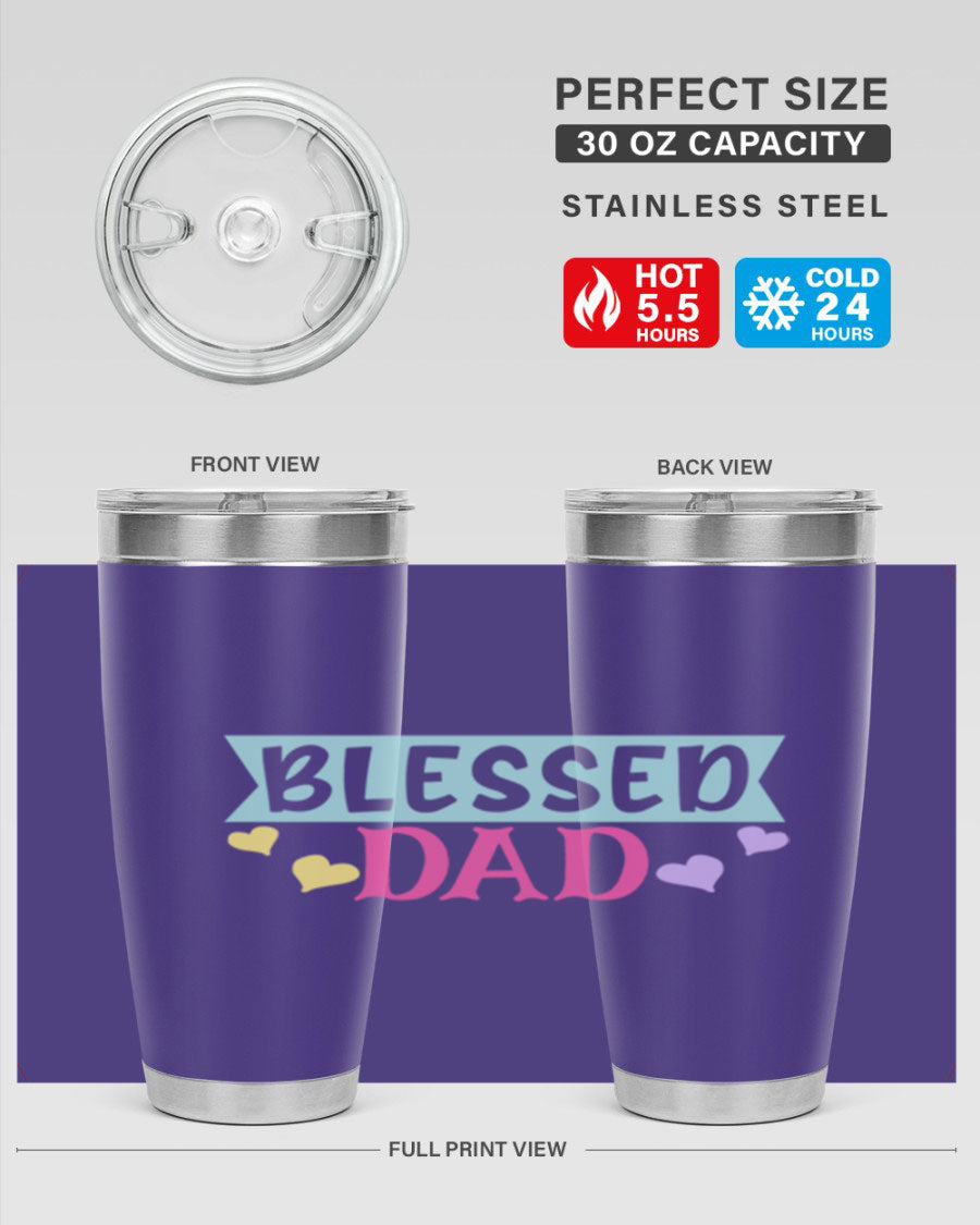 Blessed Dad 37# Tumbler in stainless steel with a drink-thru lid, showcasing its sleek design and vibrant print.