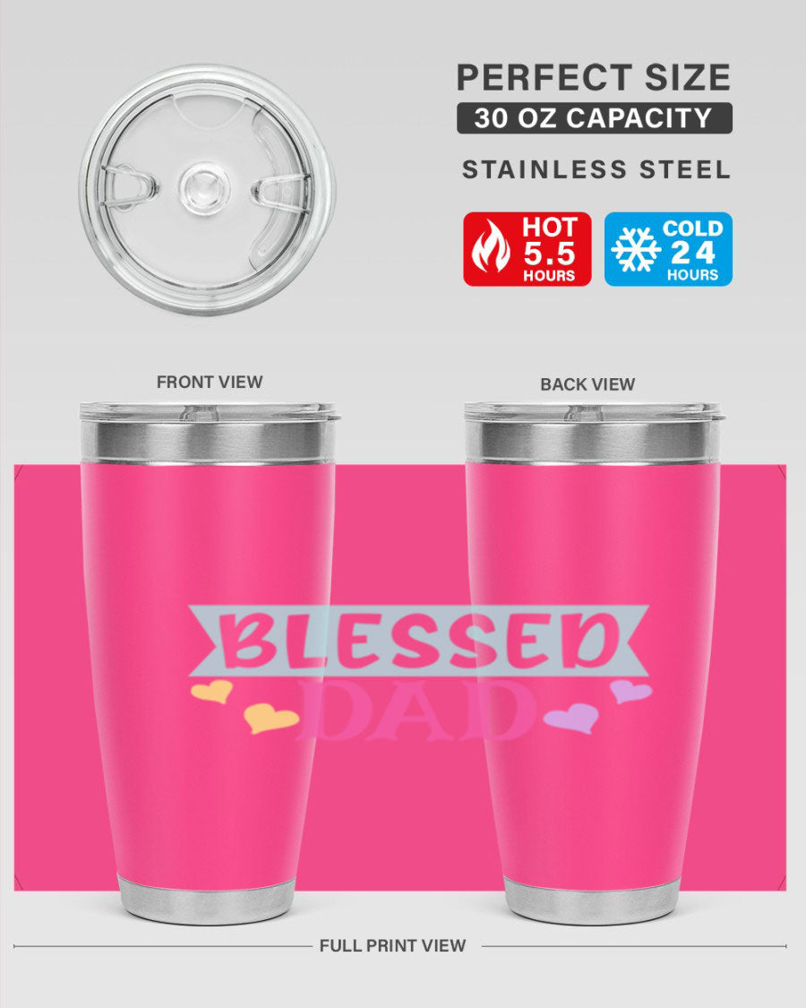 Blessed Dad 37# Tumbler in stainless steel with a drink-thru lid, showcasing its sleek design and vibrant print.