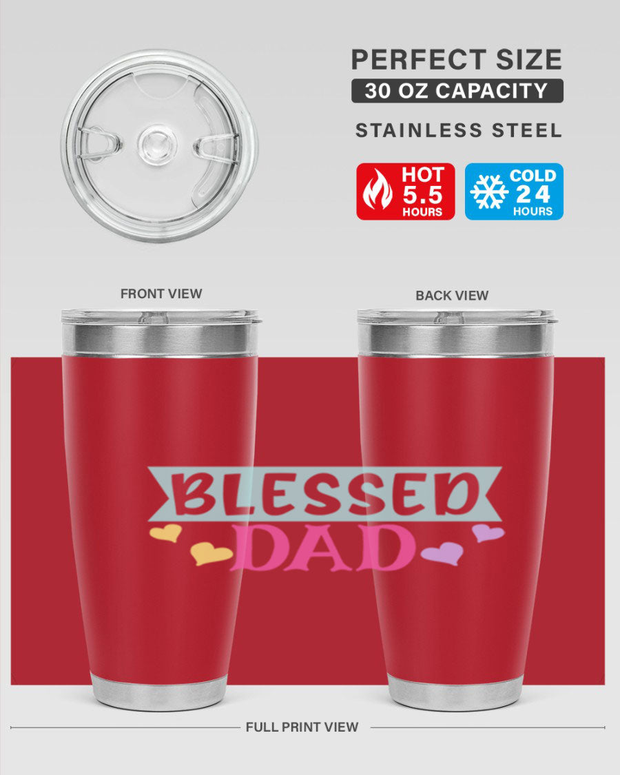 Blessed Dad 37# Tumbler in stainless steel with a drink-thru lid, showcasing its sleek design and vibrant print.