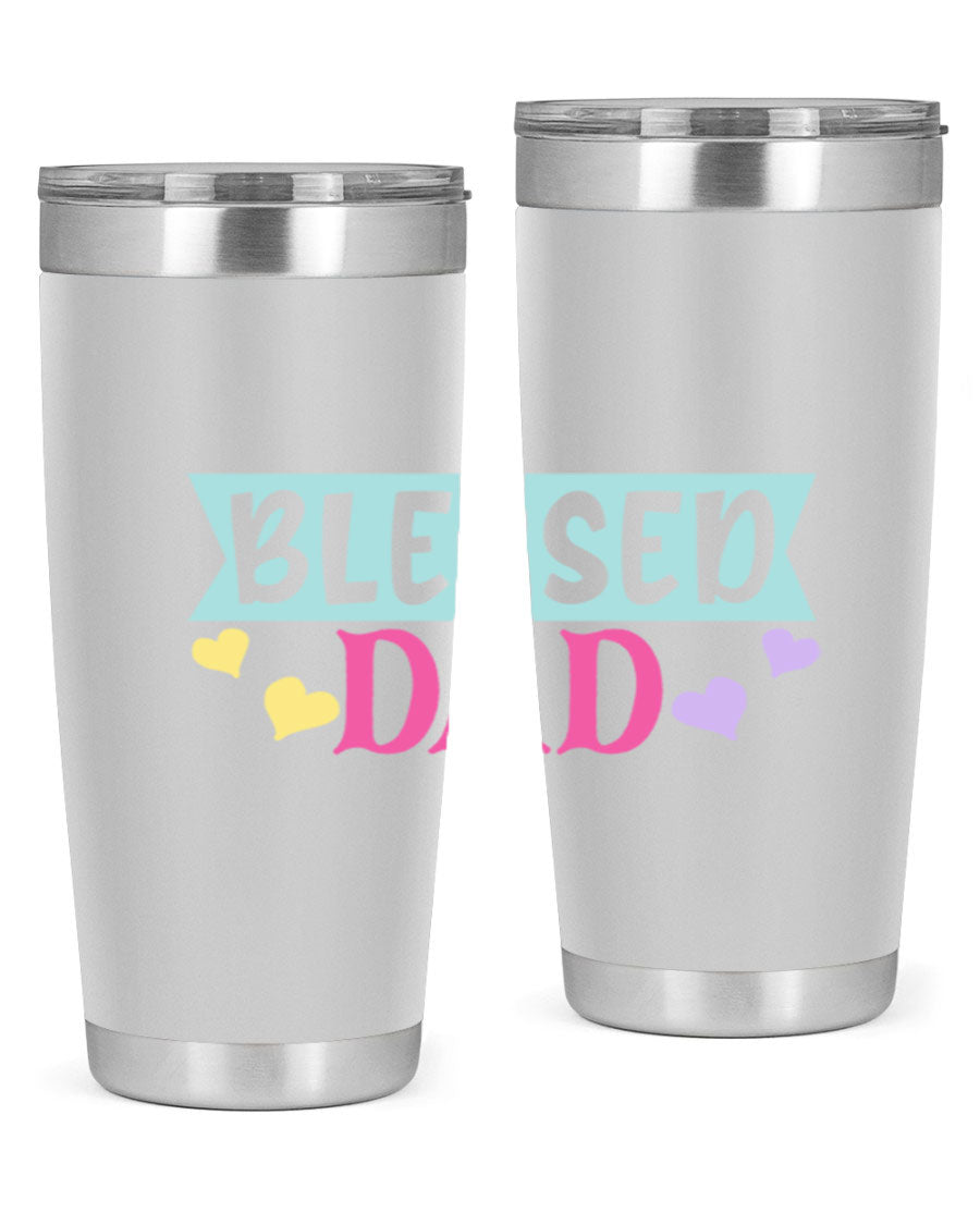 Blessed Dad 37# Tumbler in stainless steel with a drink-thru lid, showcasing its sleek design and vibrant print.