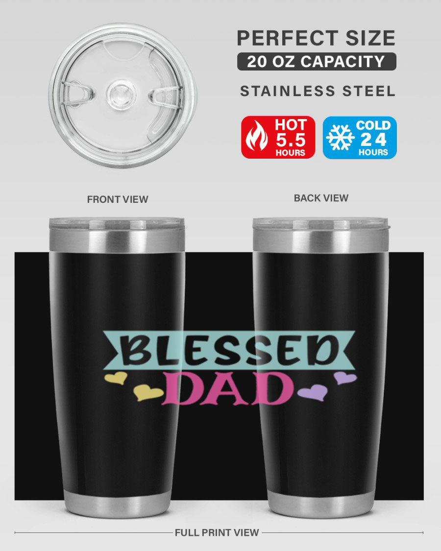 Blessed Dad 37# Tumbler in stainless steel with a drink-thru lid, showcasing its sleek design and vibrant print.