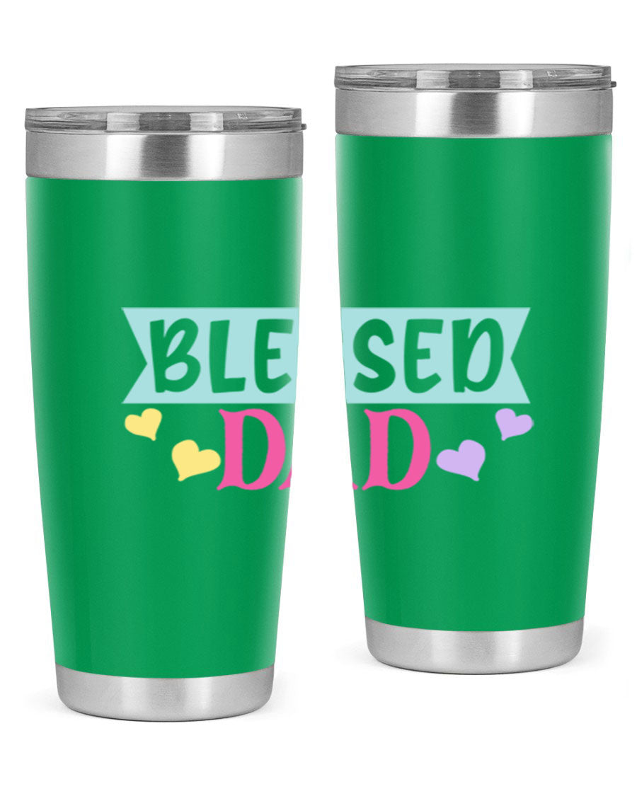 Blessed Dad 37# Tumbler in stainless steel with a drink-thru lid, showcasing its sleek design and vibrant print.