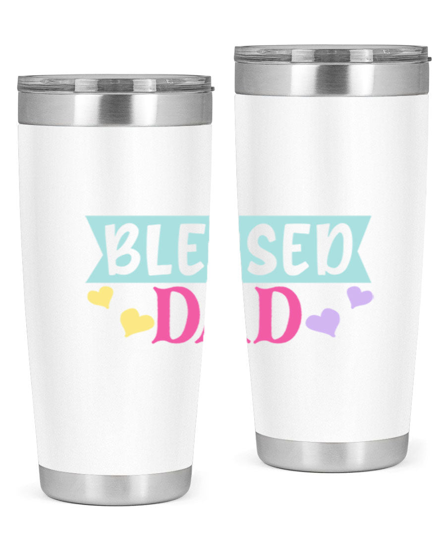 Blessed Dad 37# Tumbler in stainless steel with a drink-thru lid, showcasing its sleek design and vibrant print.