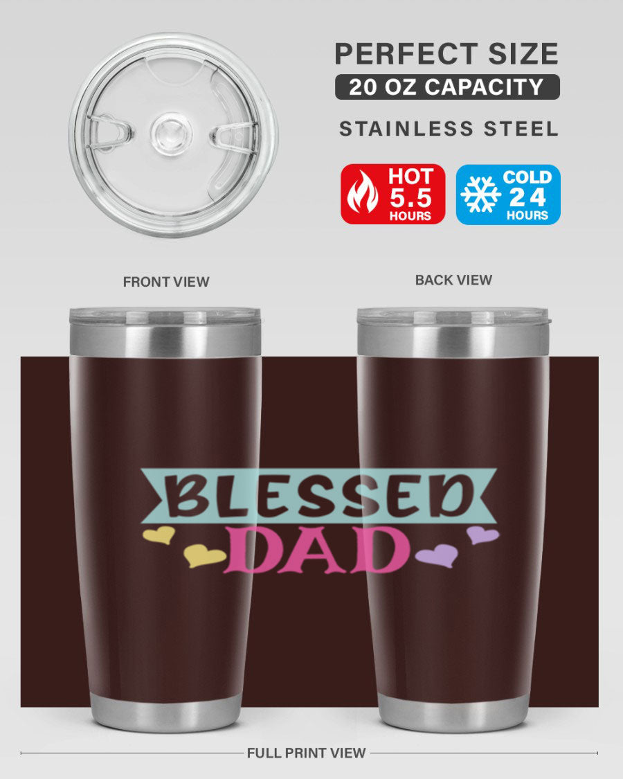 Blessed Dad 37# Tumbler in stainless steel with a drink-thru lid, showcasing its sleek design and vibrant print.