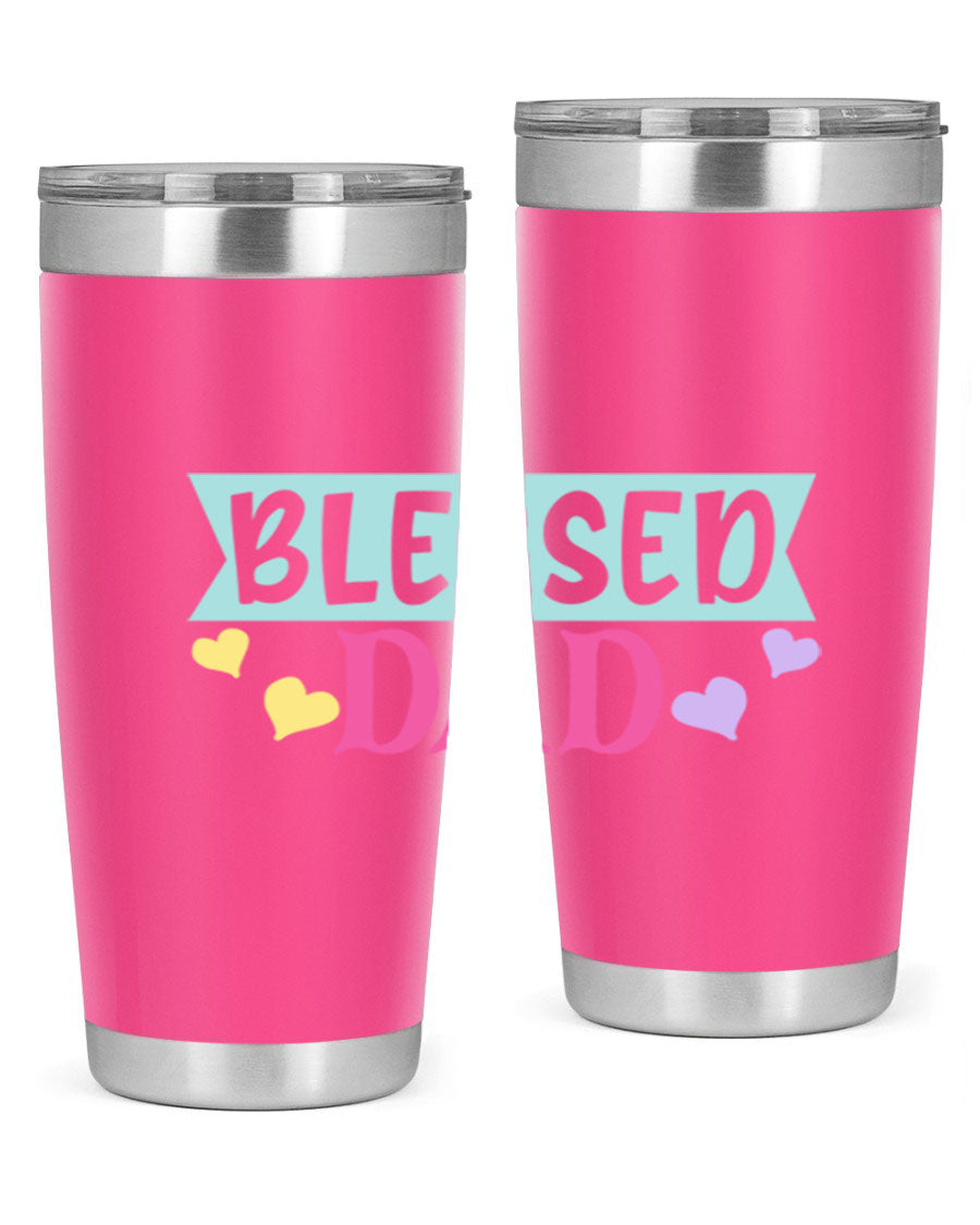 Blessed Dad 37# Tumbler in stainless steel with a drink-thru lid, showcasing its sleek design and vibrant print.