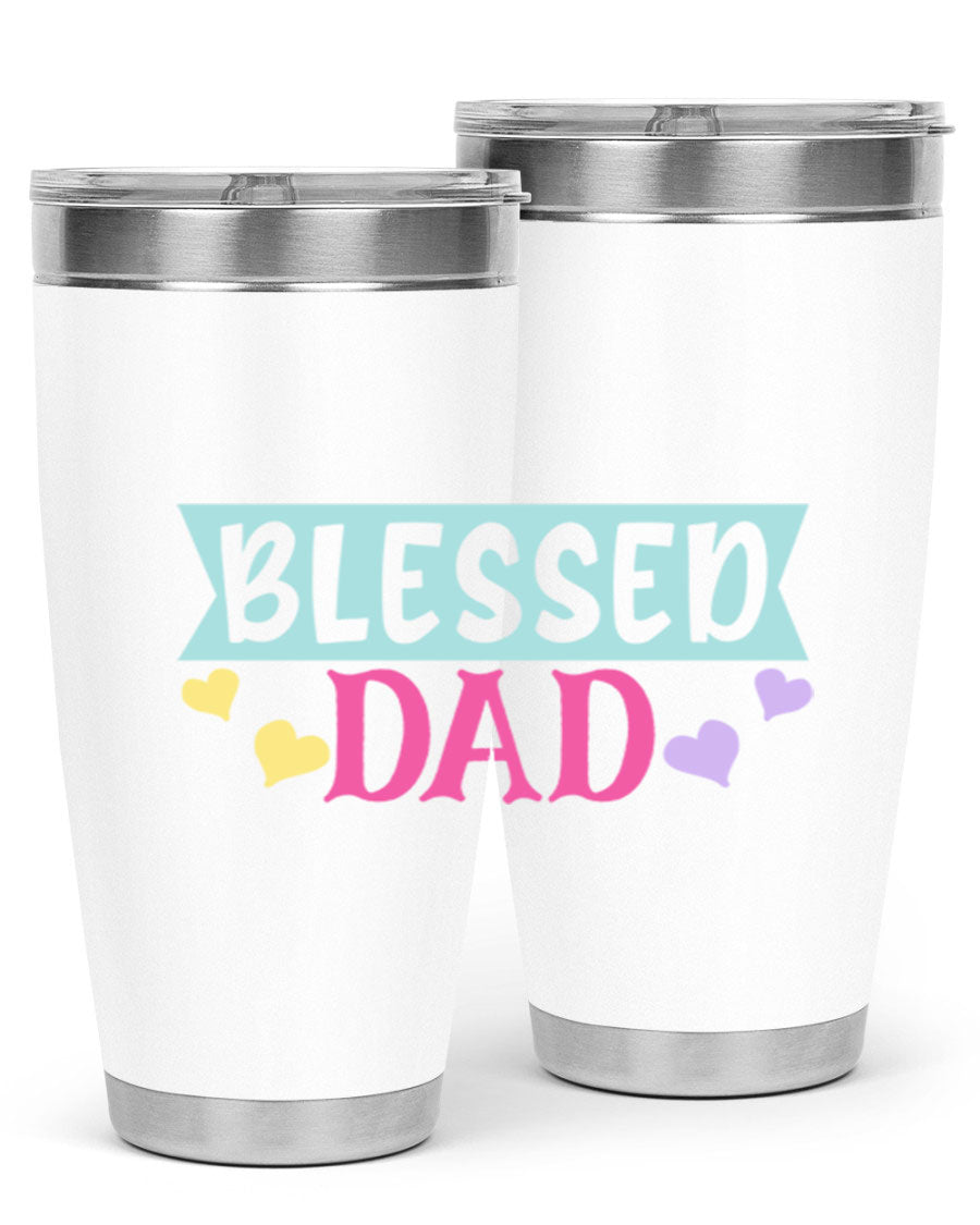 Blessed Dad 37# Tumbler in stainless steel with a drink-thru lid, showcasing its sleek design and vibrant print.