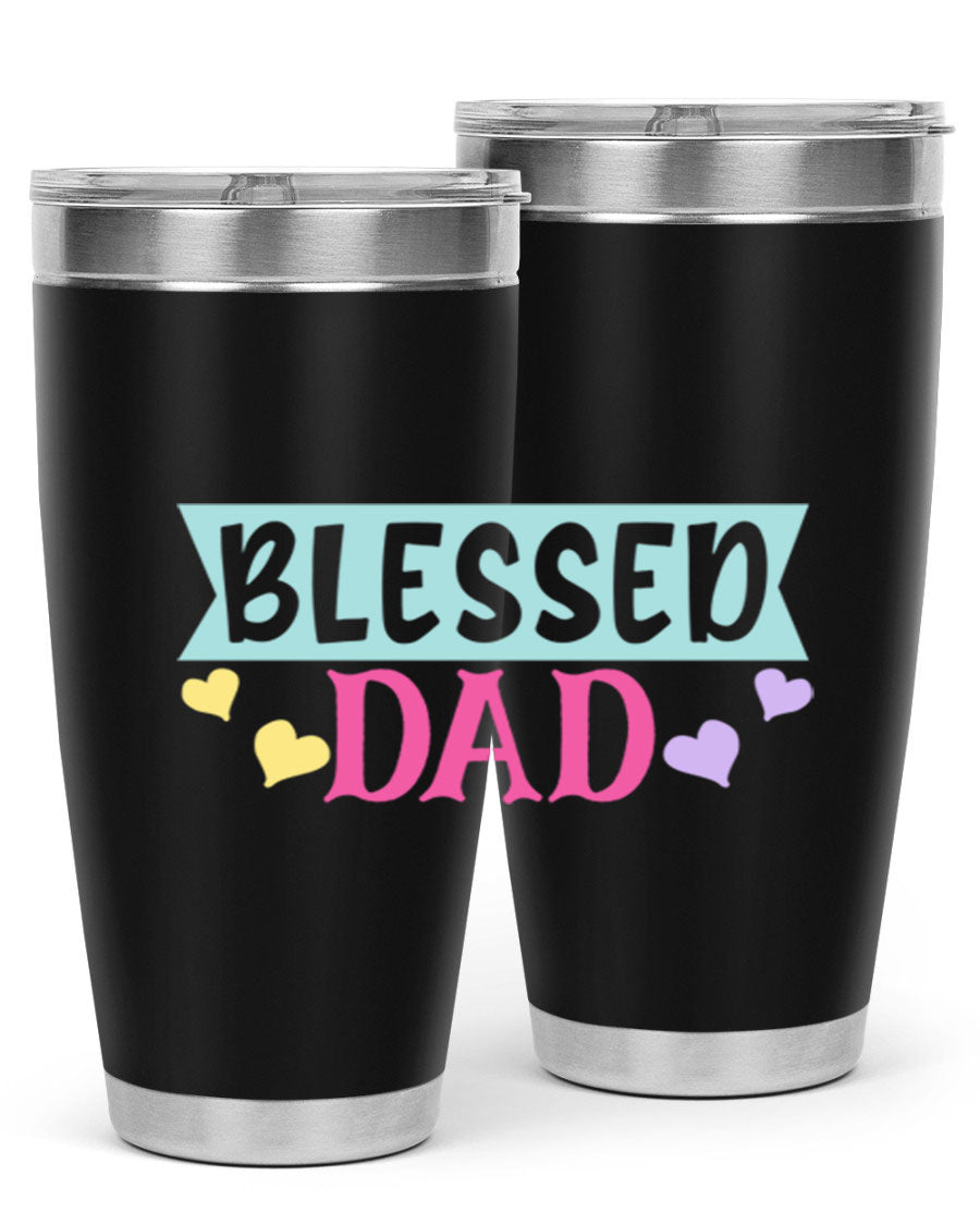 Blessed Dad 37# Tumbler in stainless steel with a drink-thru lid, showcasing its sleek design and vibrant print.