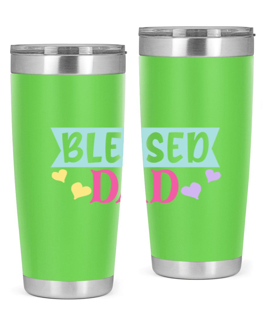 Blessed Dad 37# Tumbler in stainless steel with a drink-thru lid, showcasing its sleek design and vibrant print.