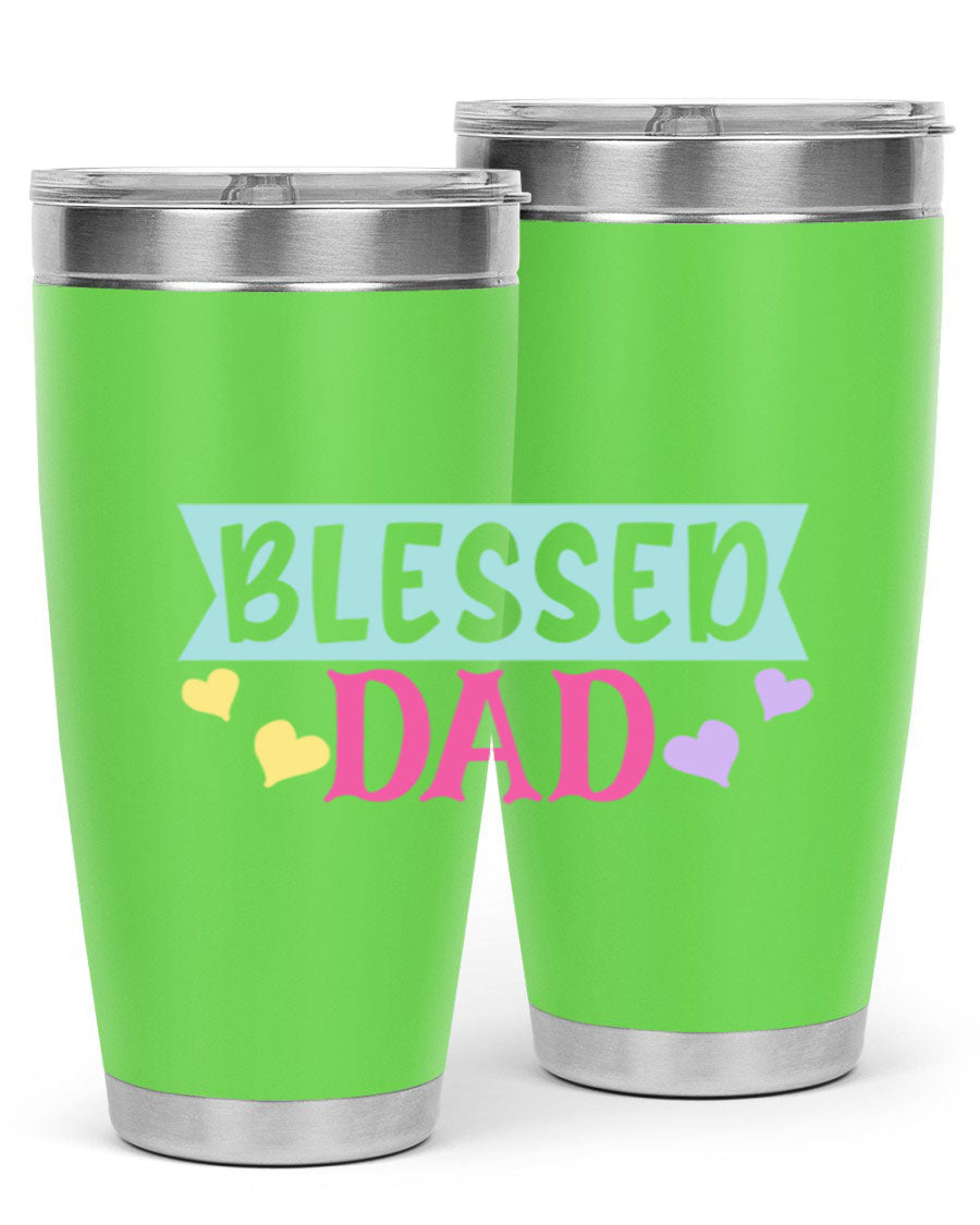 Blessed Dad 37# Tumbler in stainless steel with a drink-thru lid, showcasing its sleek design and vibrant print.