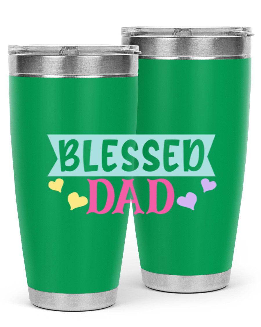 Blessed Dad 37# Tumbler in stainless steel with a drink-thru lid, showcasing its sleek design and vibrant print.