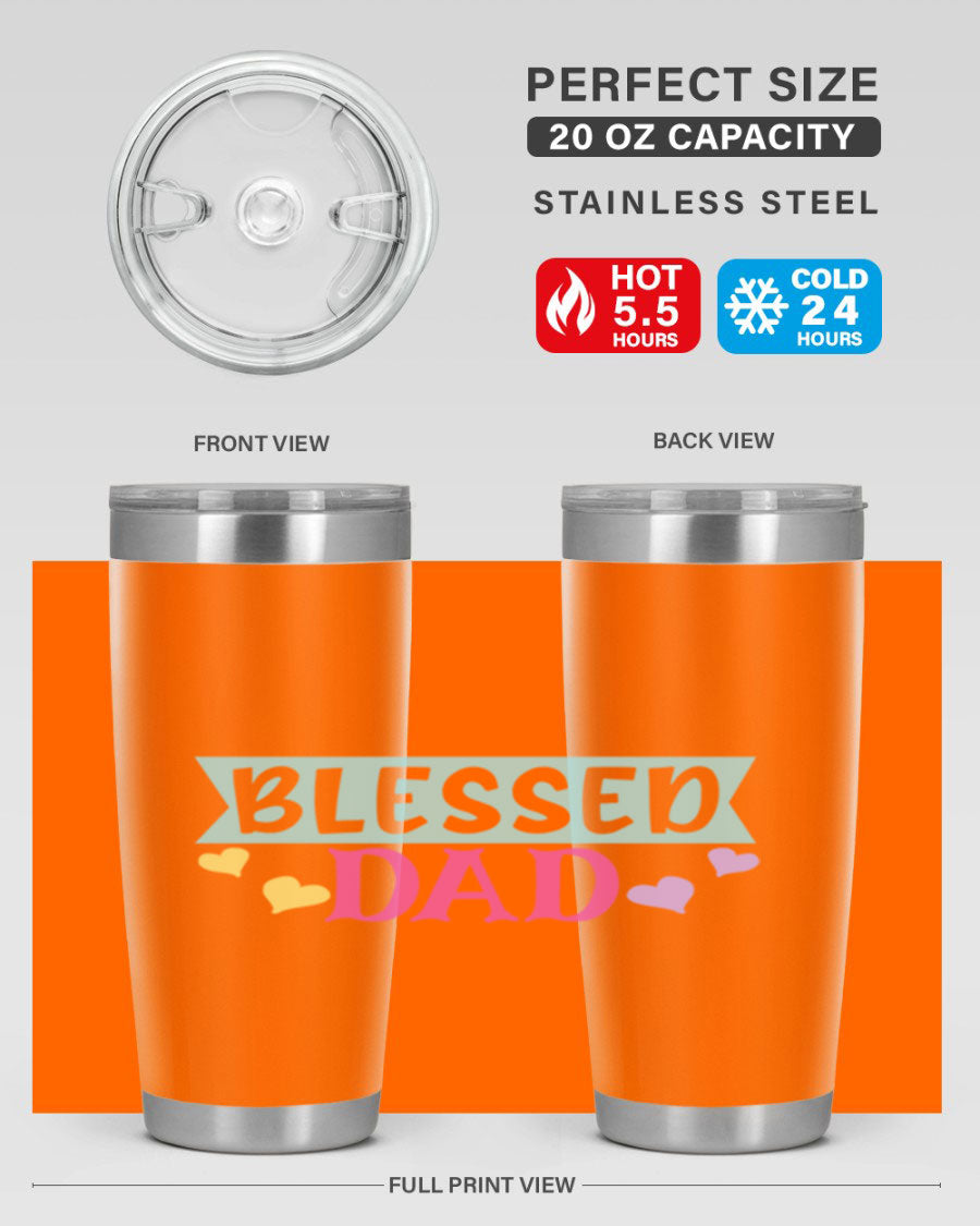 Blessed Dad 37# Tumbler in stainless steel with a drink-thru lid, showcasing its sleek design and vibrant print.