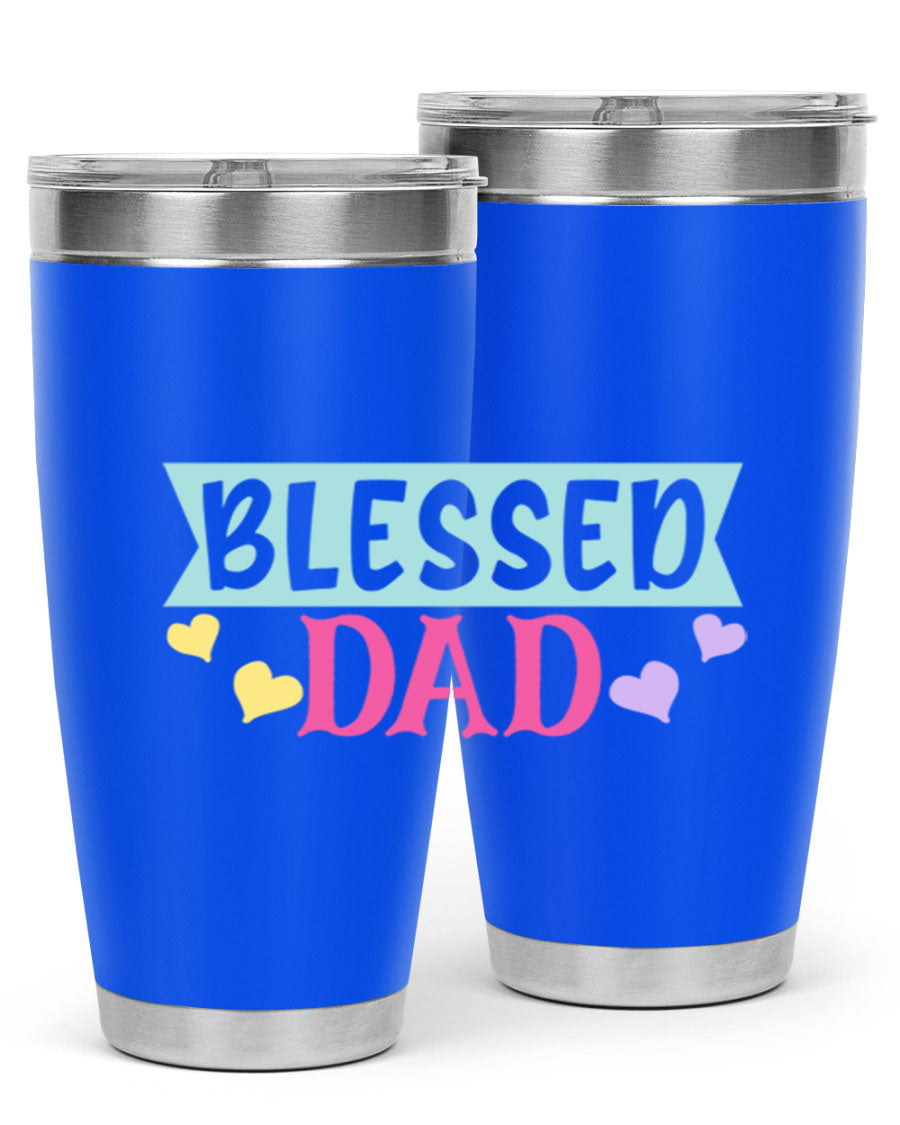 Blessed Dad 37# Tumbler in stainless steel with a drink-thru lid, showcasing its sleek design and vibrant print.