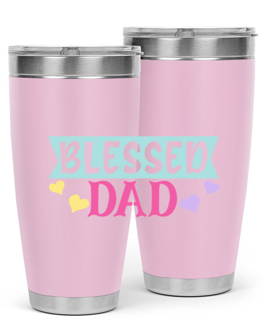 Blessed Dad 37# Tumbler in stainless steel with a drink-thru lid, showcasing its sleek design and vibrant print.