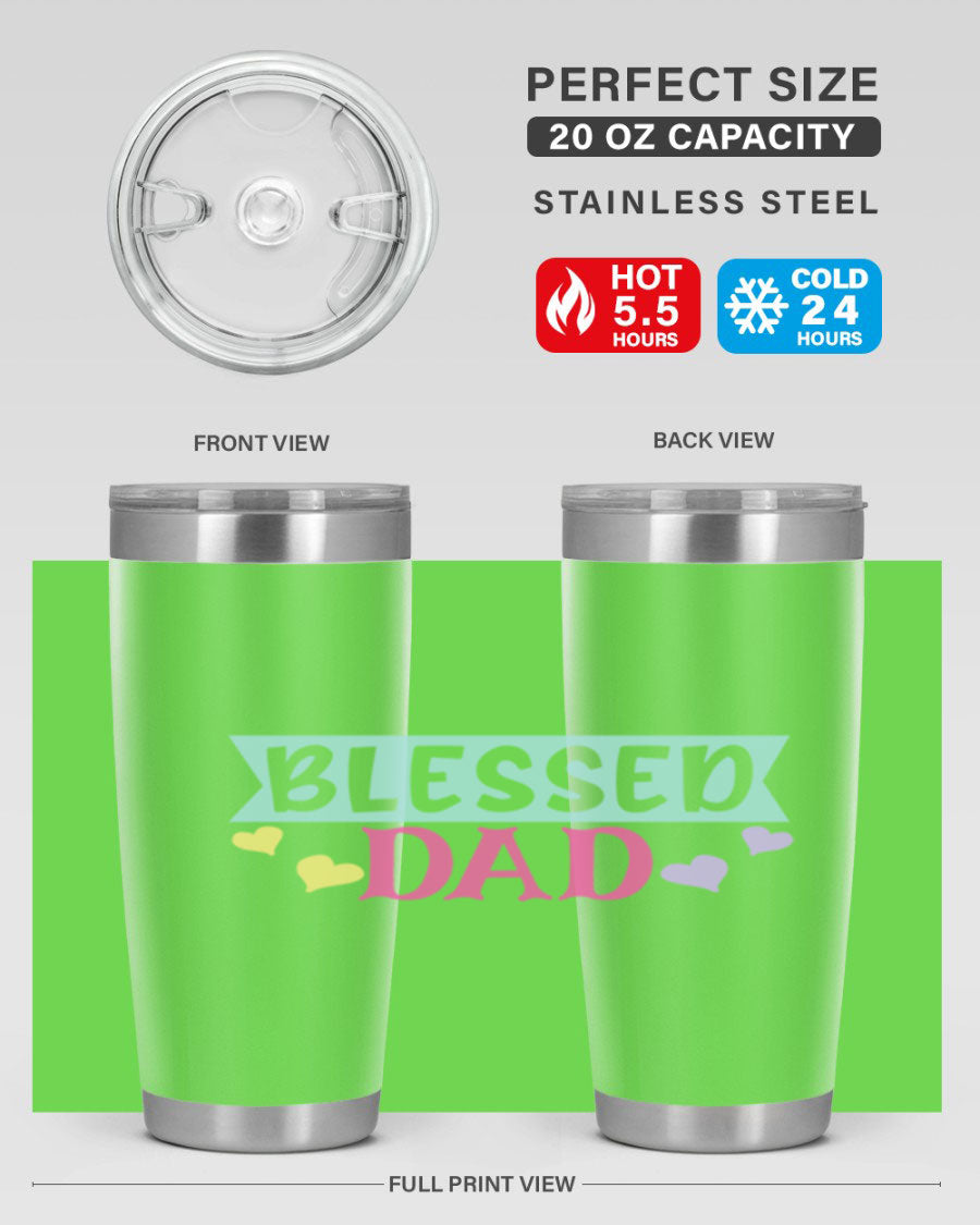 Blessed Dad 37# Tumbler in stainless steel with a drink-thru lid, showcasing its sleek design and vibrant print.