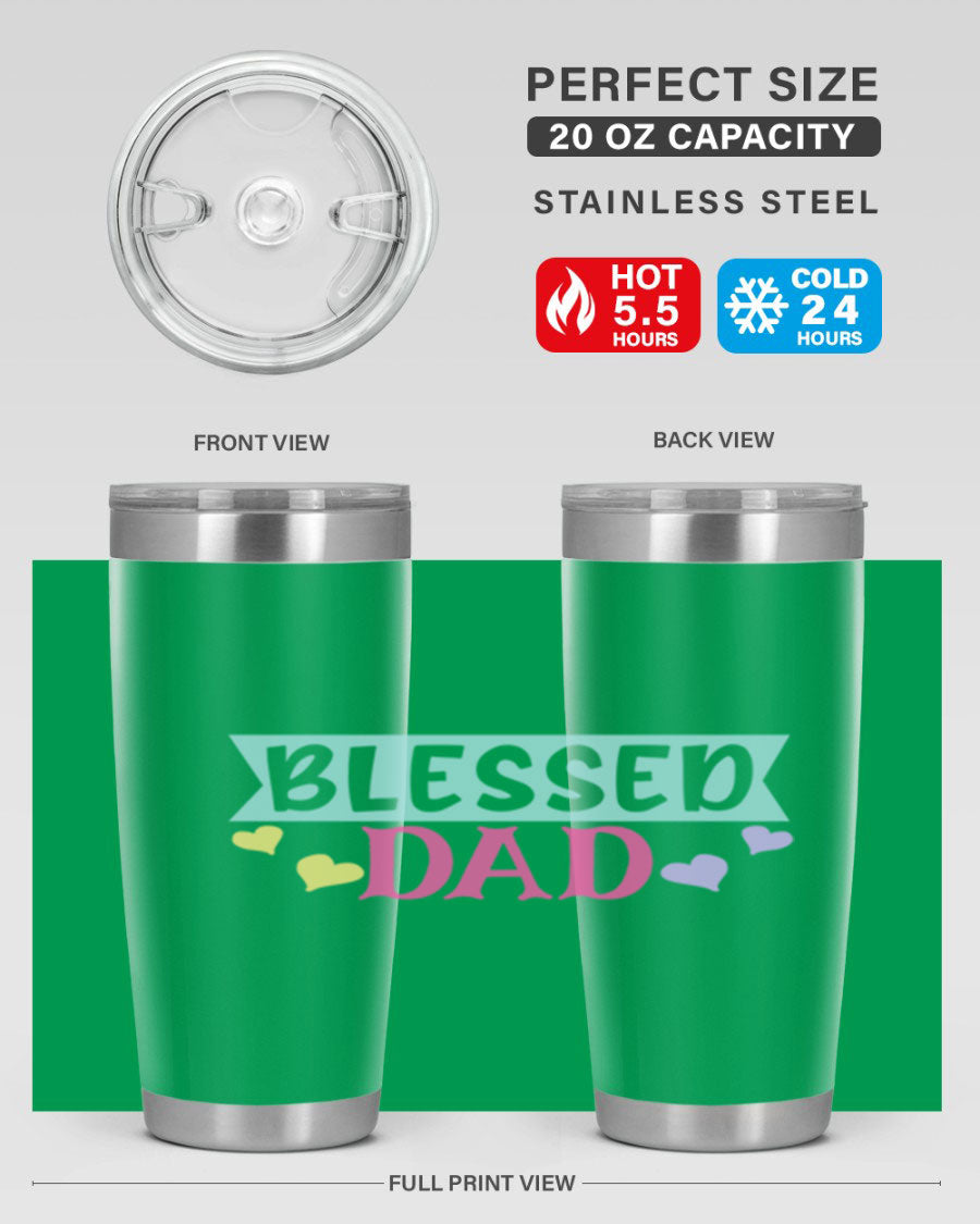 Blessed Dad 37# Tumbler in stainless steel with a drink-thru lid, showcasing its sleek design and vibrant print.