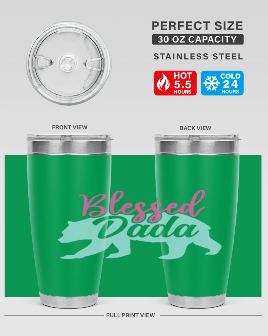 Blessed Dada 35# Dad Tumbler in stainless steel with a sleek design, perfect for hot and cold beverages.