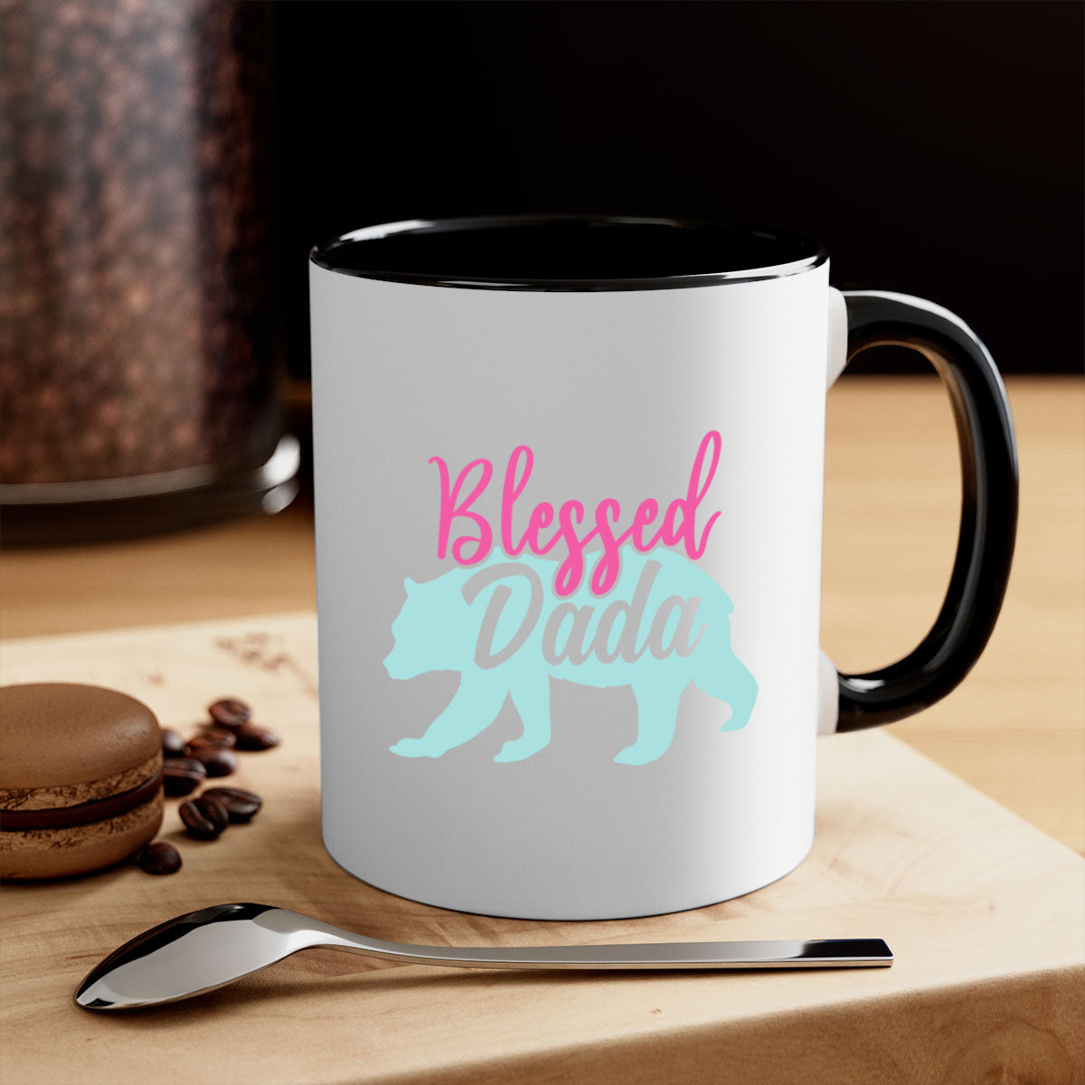 Blessed Dada 35# Mug with colorful handle and glossy finish, available in multiple colors and sizes.