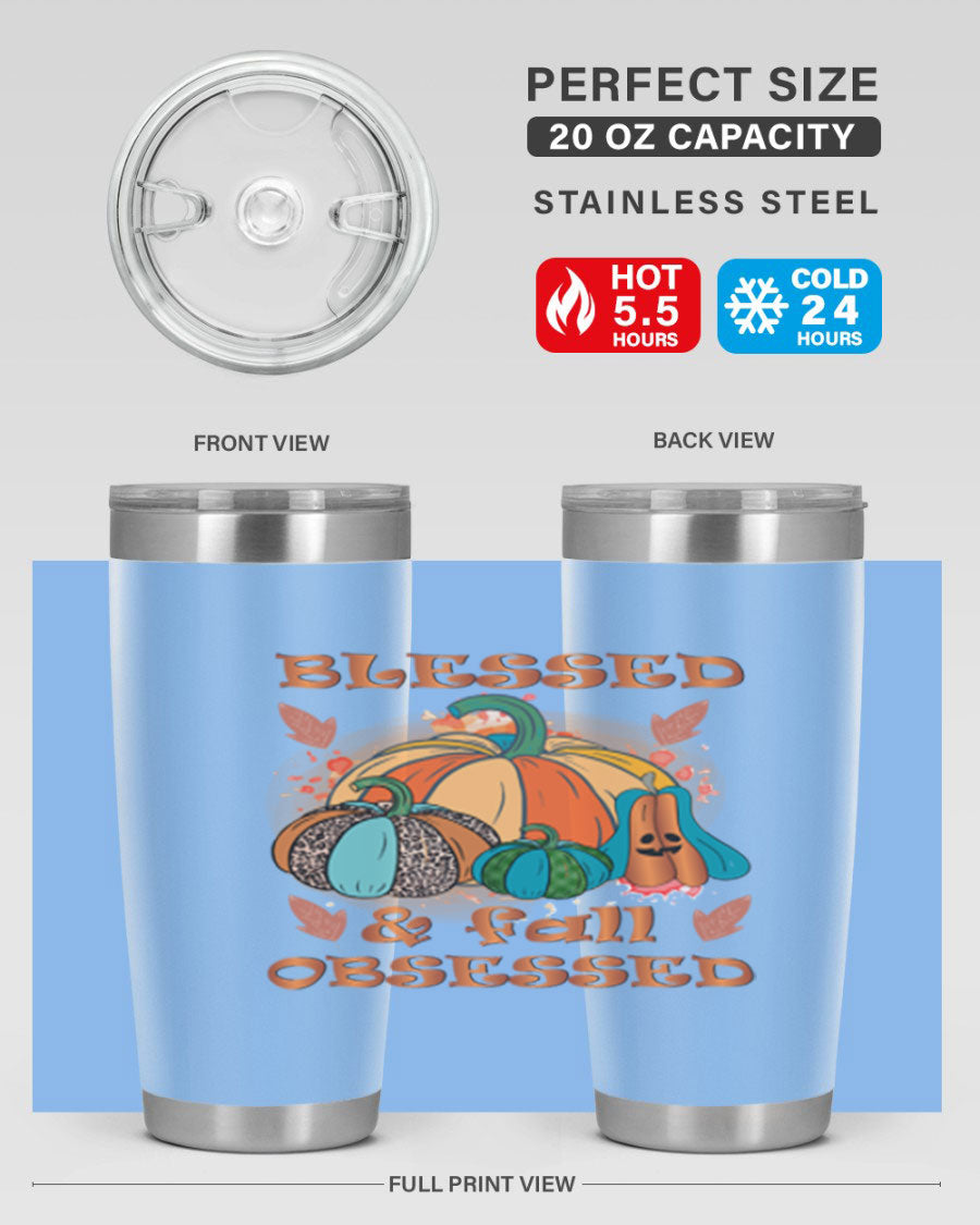 Blessed Fall Obsessed 20oz tumbler featuring double wall vacuum stainless steel and a stylish fall-themed design.