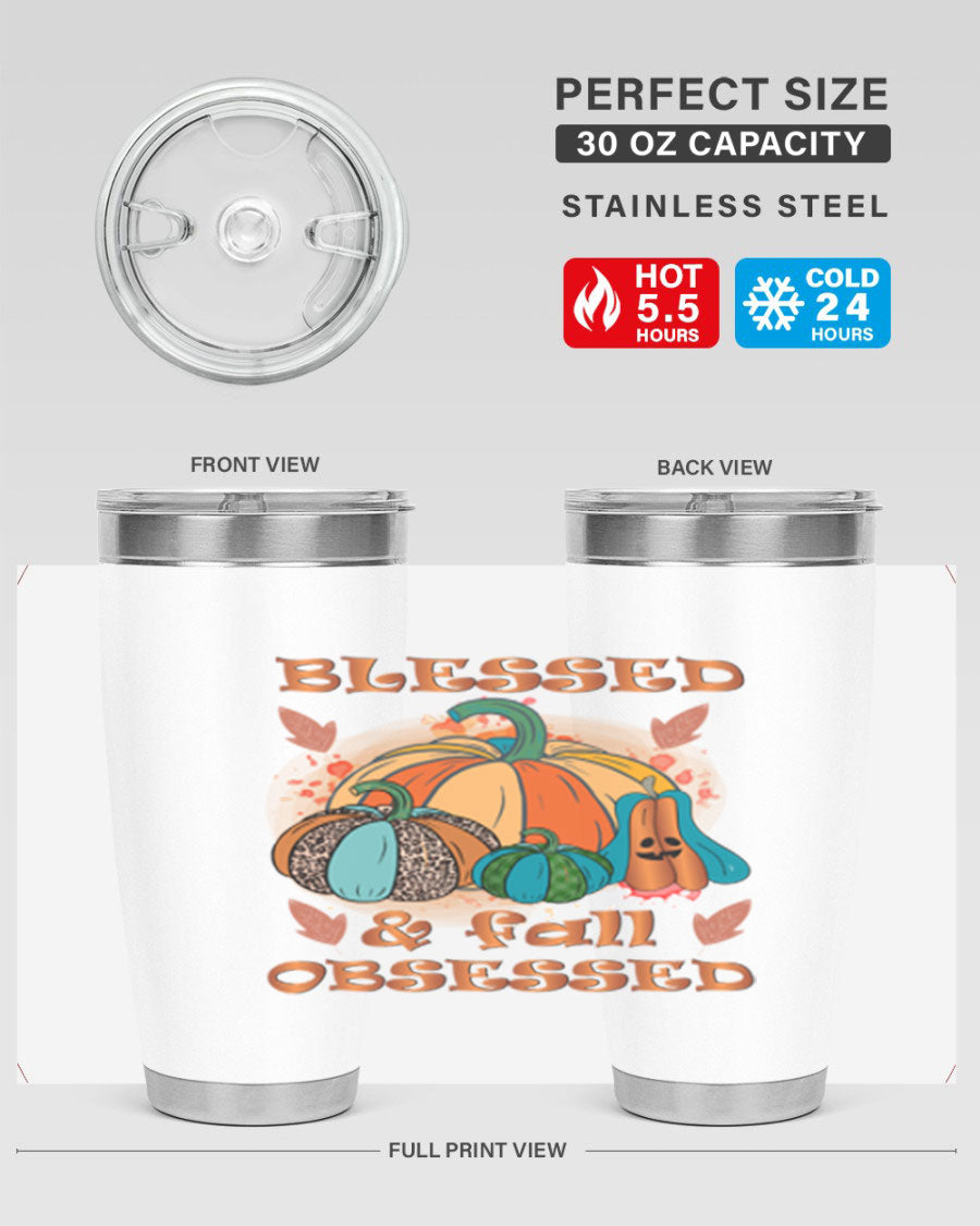 Blessed Fall Obsessed 20oz tumbler featuring double wall vacuum stainless steel and a stylish fall-themed design.