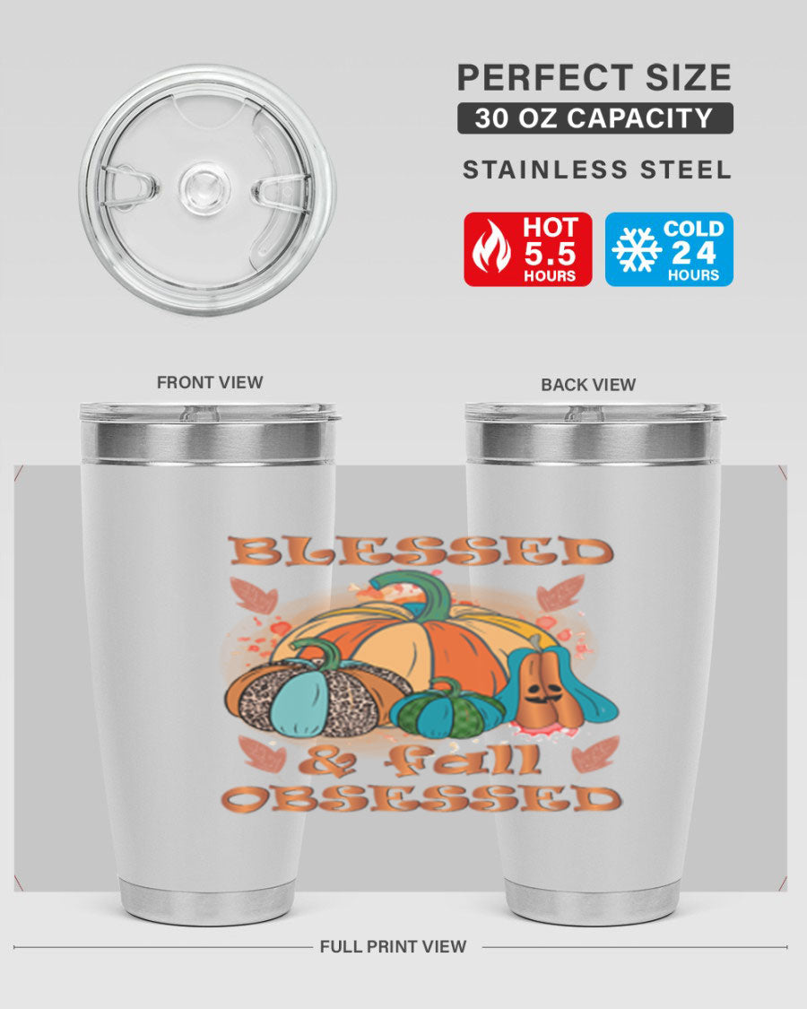 Blessed Fall Obsessed 20oz tumbler featuring double wall vacuum stainless steel and a stylish fall-themed design.