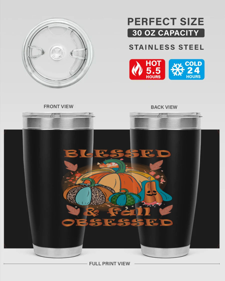 Blessed Fall Obsessed 20oz tumbler featuring double wall vacuum stainless steel and a stylish fall-themed design.