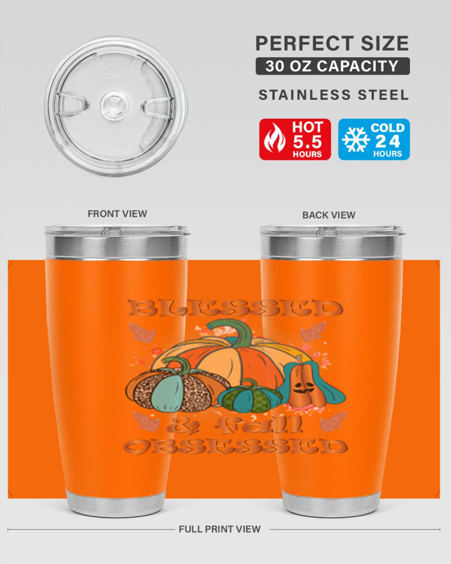 Blessed Fall Obsessed 20oz tumbler featuring double wall vacuum stainless steel and a stylish fall-themed design.