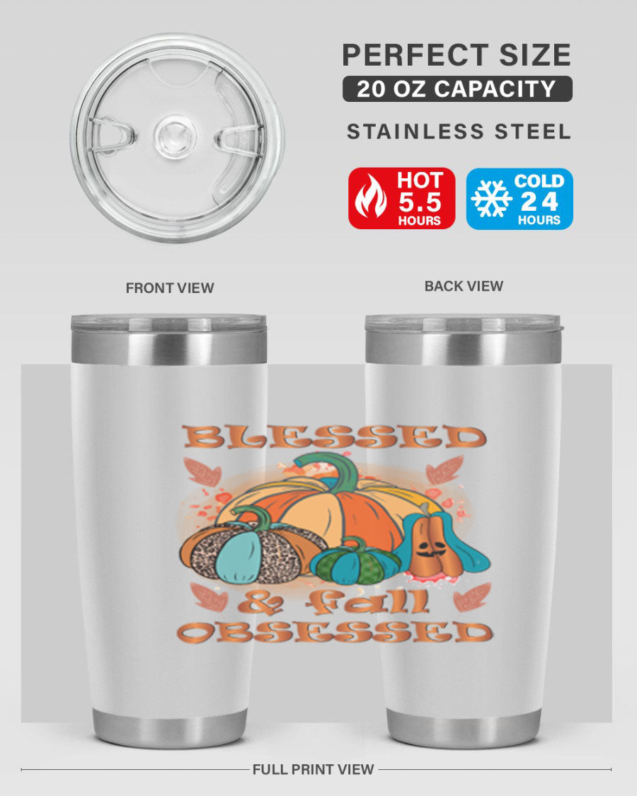 Blessed Fall Obsessed 20oz tumbler featuring double wall vacuum stainless steel and a stylish fall-themed design.