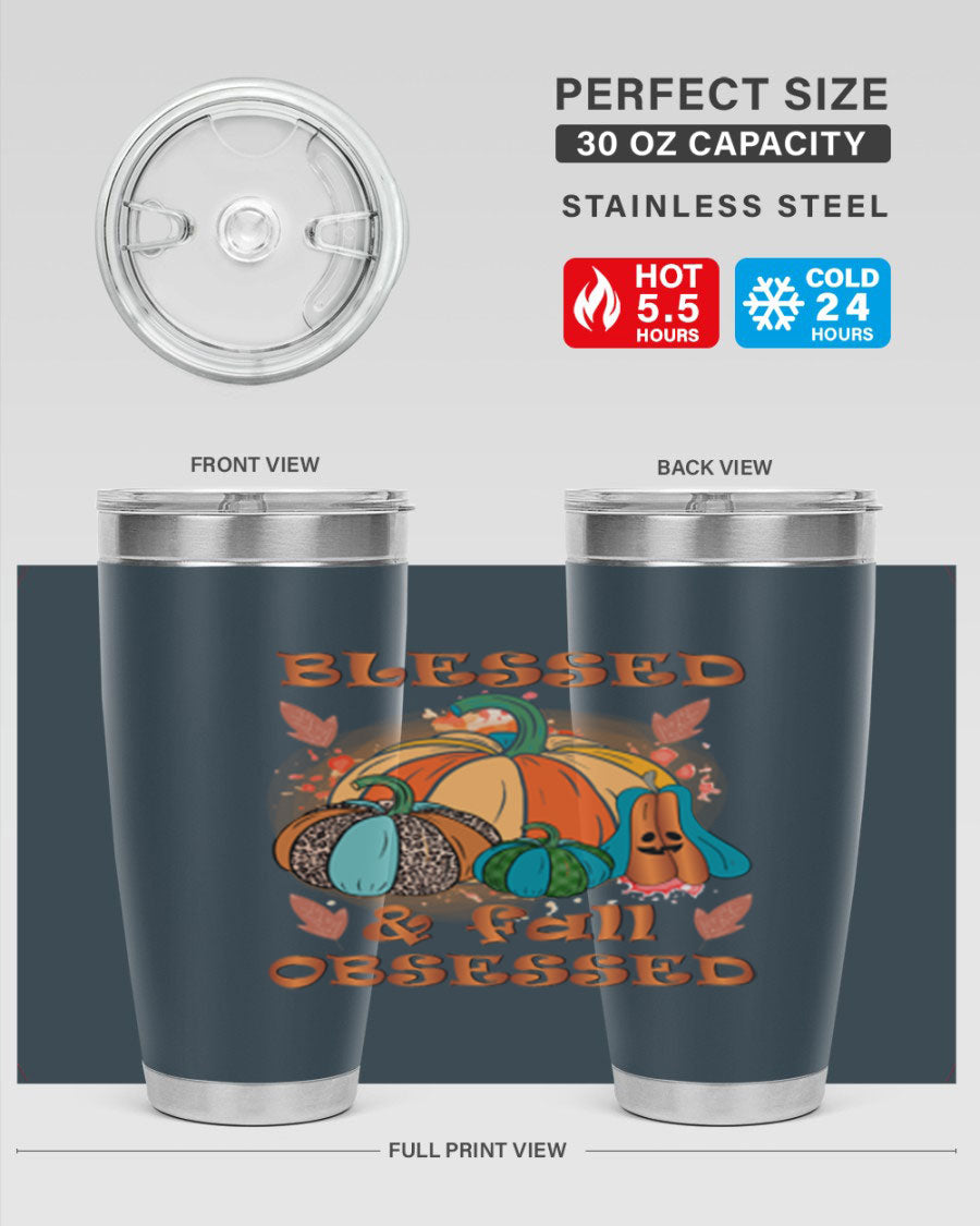 Blessed Fall Obsessed 20oz tumbler featuring double wall vacuum stainless steel and a stylish fall-themed design.