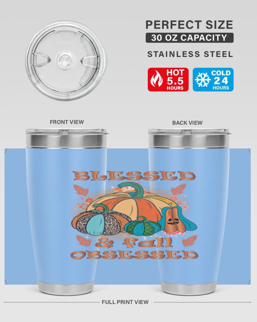 Blessed Fall Obsessed 20oz tumbler featuring double wall vacuum stainless steel and a stylish fall-themed design.