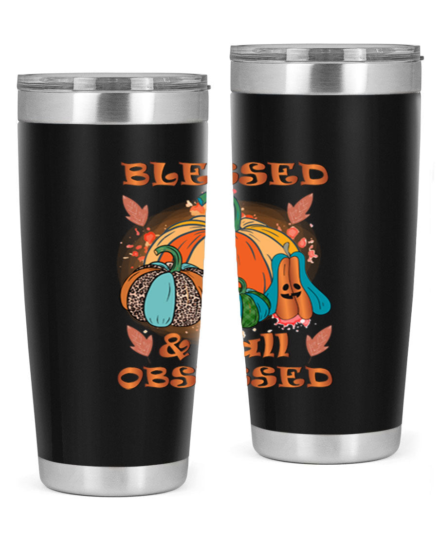 Blessed Fall Obsessed 20oz tumbler featuring double wall vacuum stainless steel and a stylish fall-themed design.