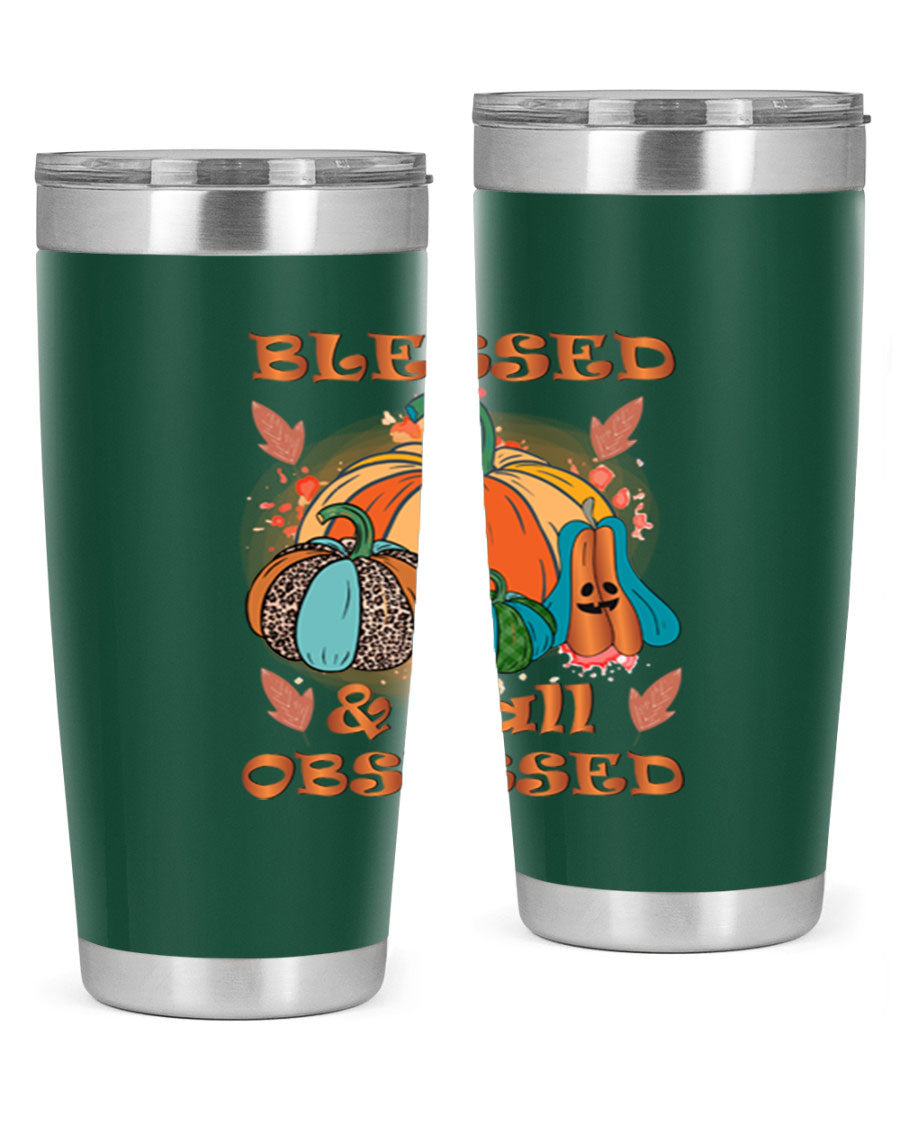 Blessed Fall Obsessed 20oz tumbler featuring double wall vacuum stainless steel and a stylish fall-themed design.