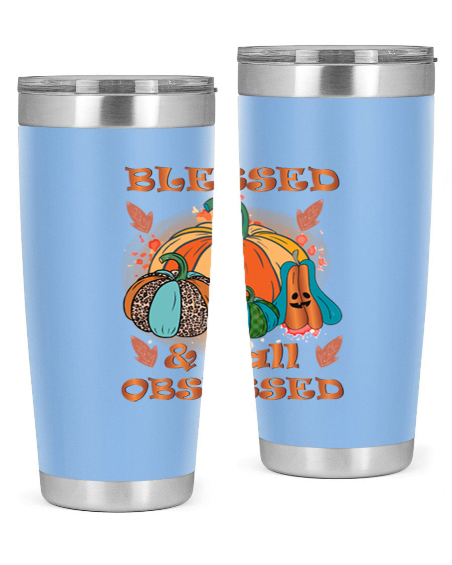 Blessed Fall Obsessed 20oz tumbler featuring double wall vacuum stainless steel and a stylish fall-themed design.