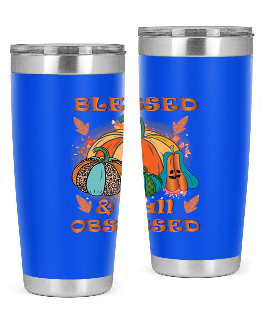 Blessed Fall Obsessed 20oz tumbler featuring double wall vacuum stainless steel and a stylish fall-themed design.