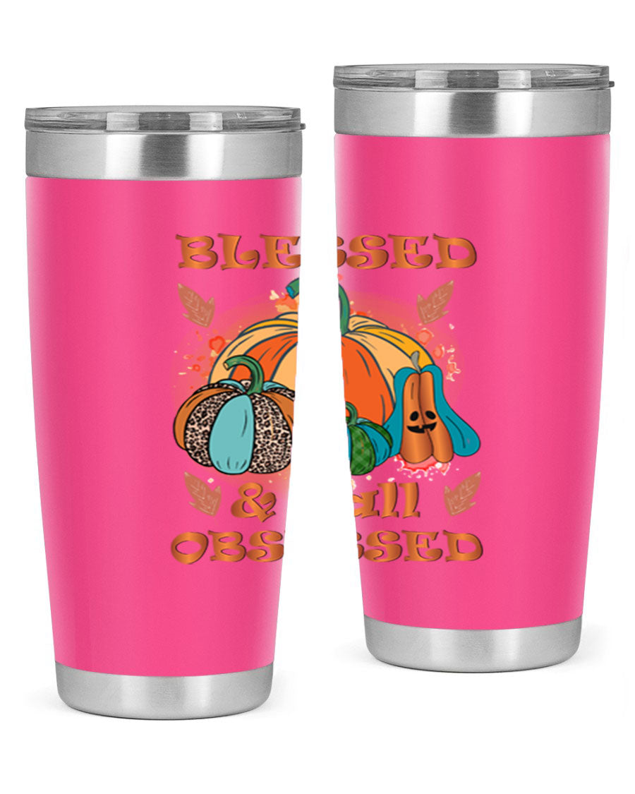 Blessed Fall Obsessed 20oz tumbler featuring double wall vacuum stainless steel and a stylish fall-themed design.