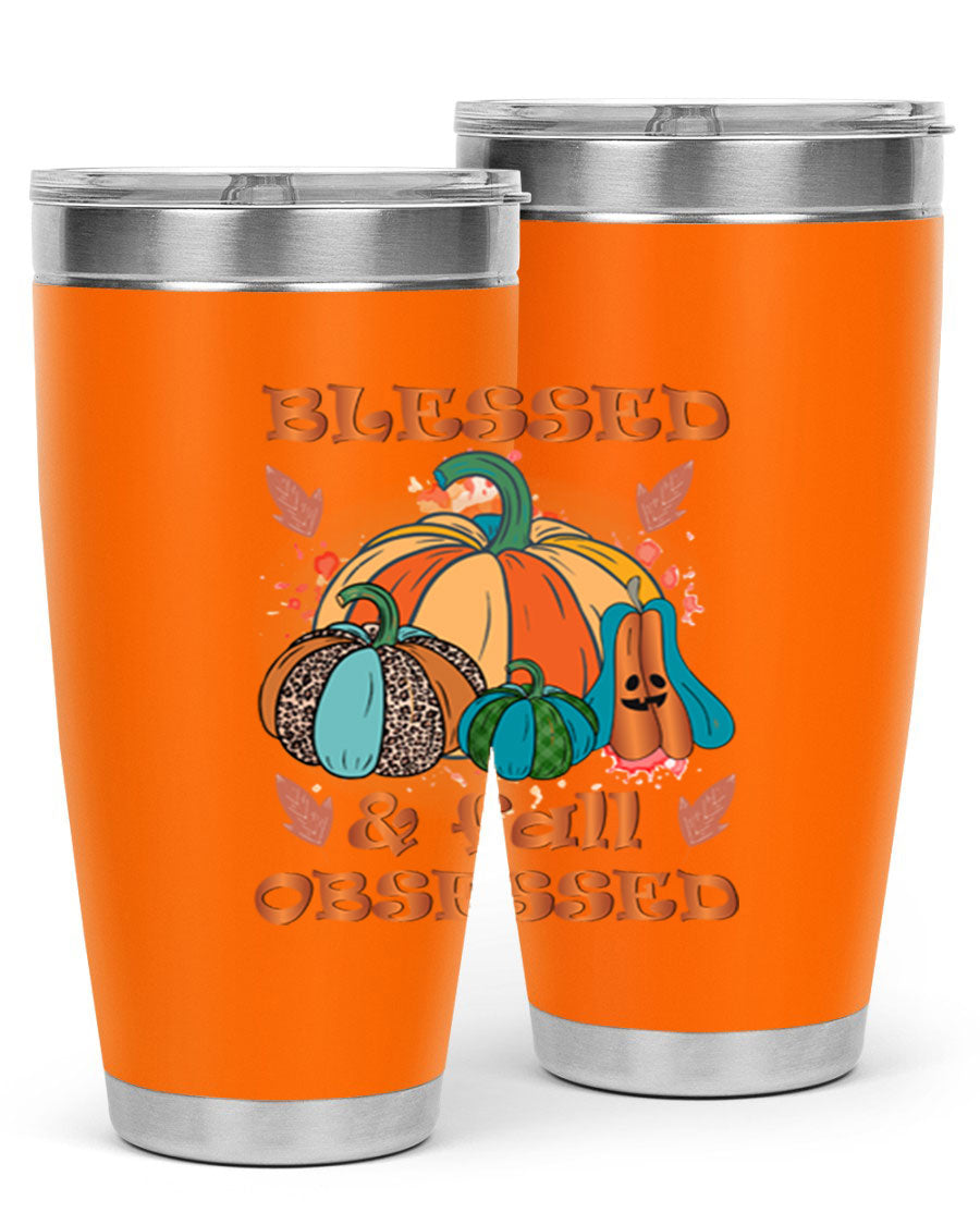 Blessed Fall Obsessed 20oz tumbler featuring double wall vacuum stainless steel and a stylish fall-themed design.