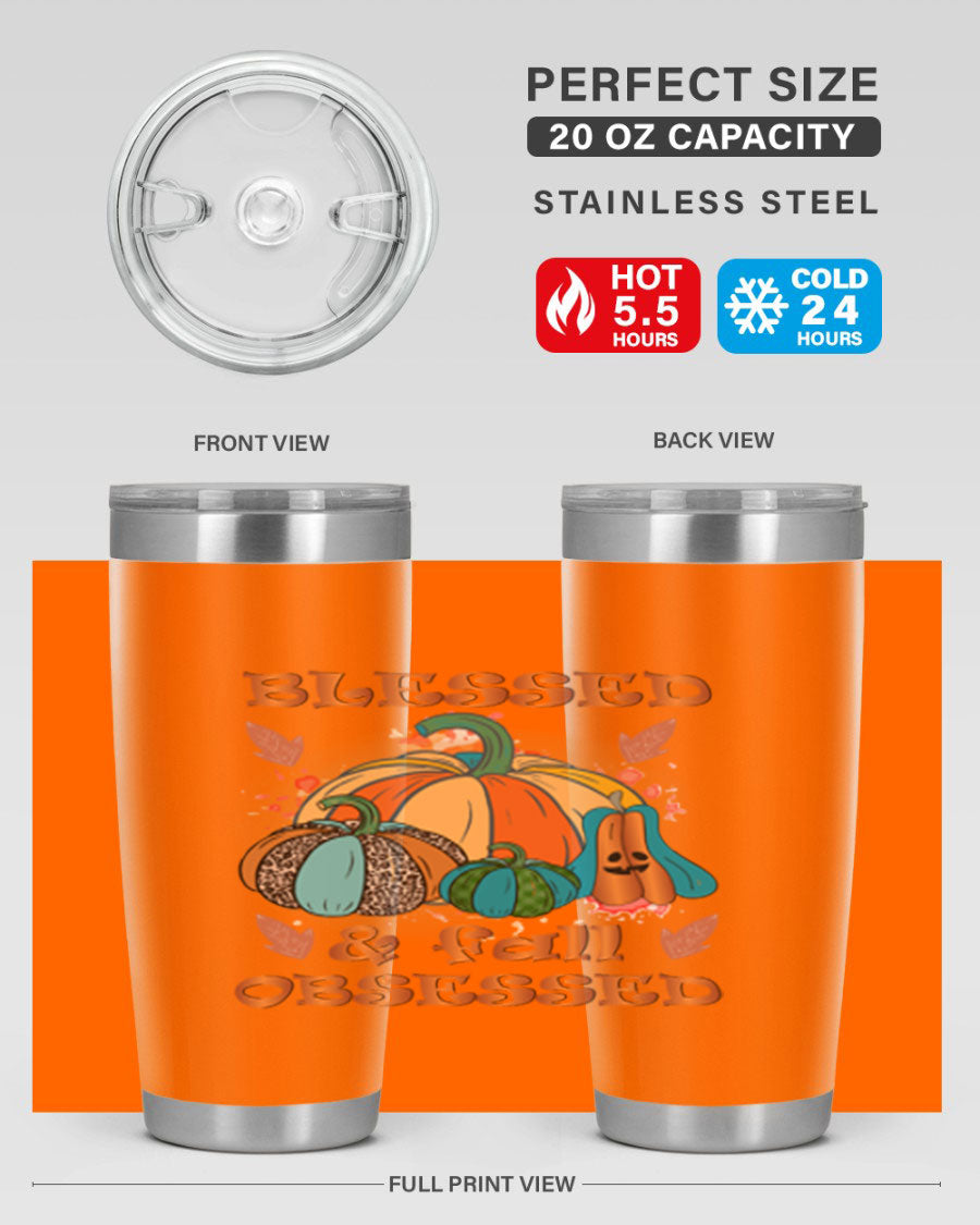 Blessed Fall Obsessed 20oz tumbler featuring double wall vacuum stainless steel and a stylish fall-themed design.