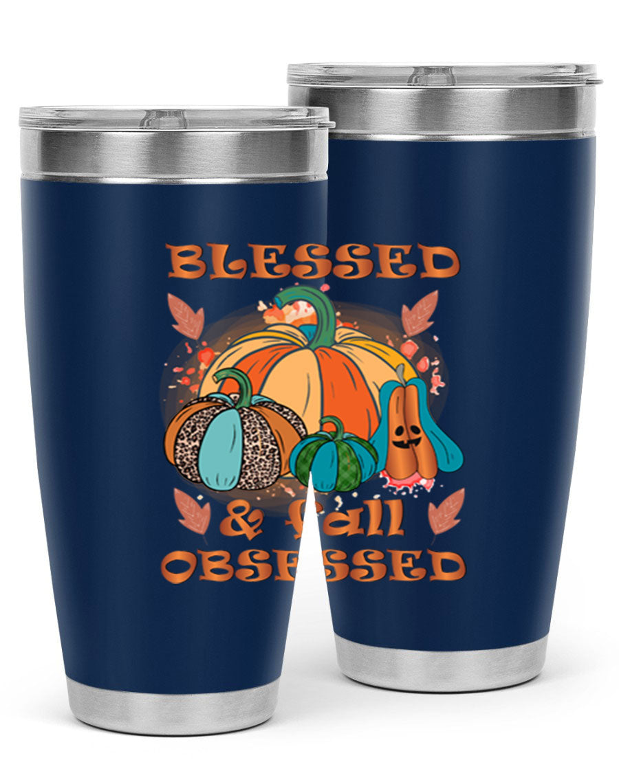 Blessed Fall Obsessed 20oz tumbler featuring double wall vacuum stainless steel and a stylish fall-themed design.