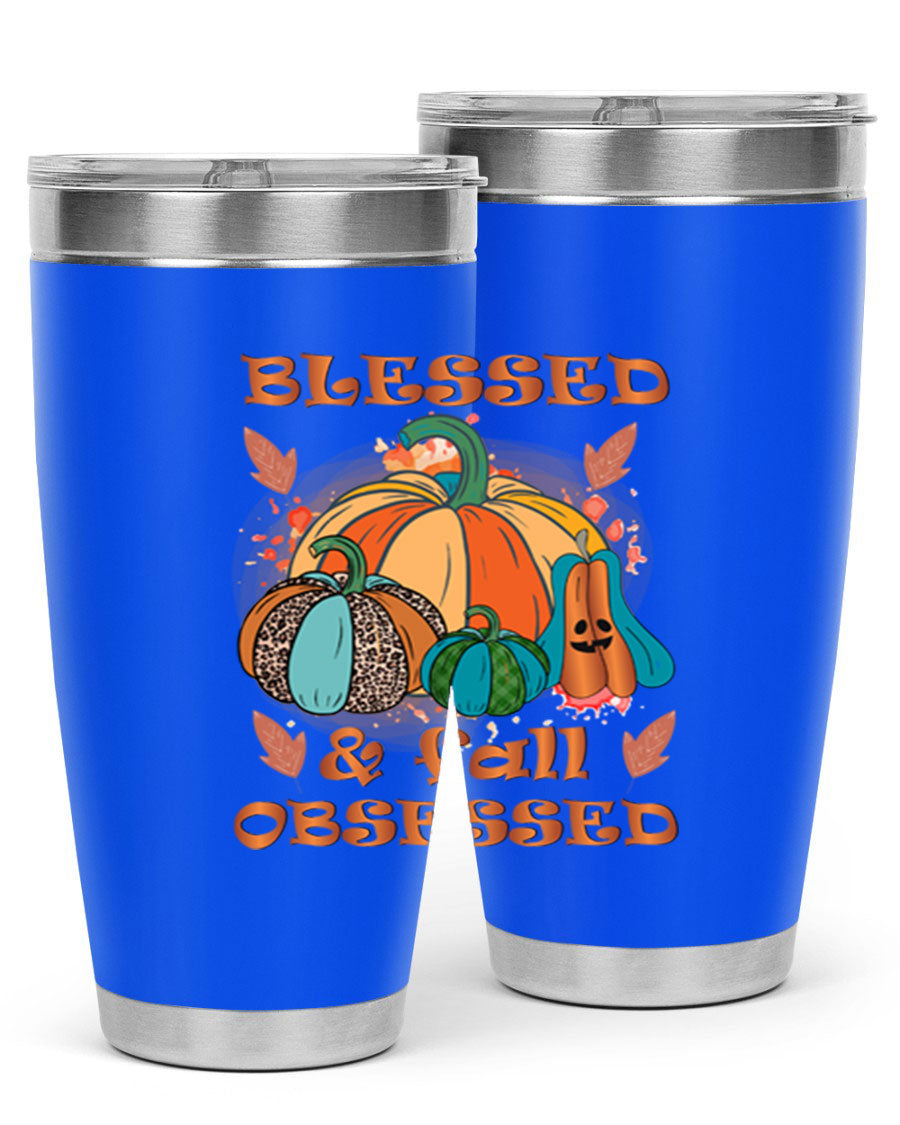 Blessed Fall Obsessed 20oz tumbler featuring double wall vacuum stainless steel and a stylish fall-themed design.