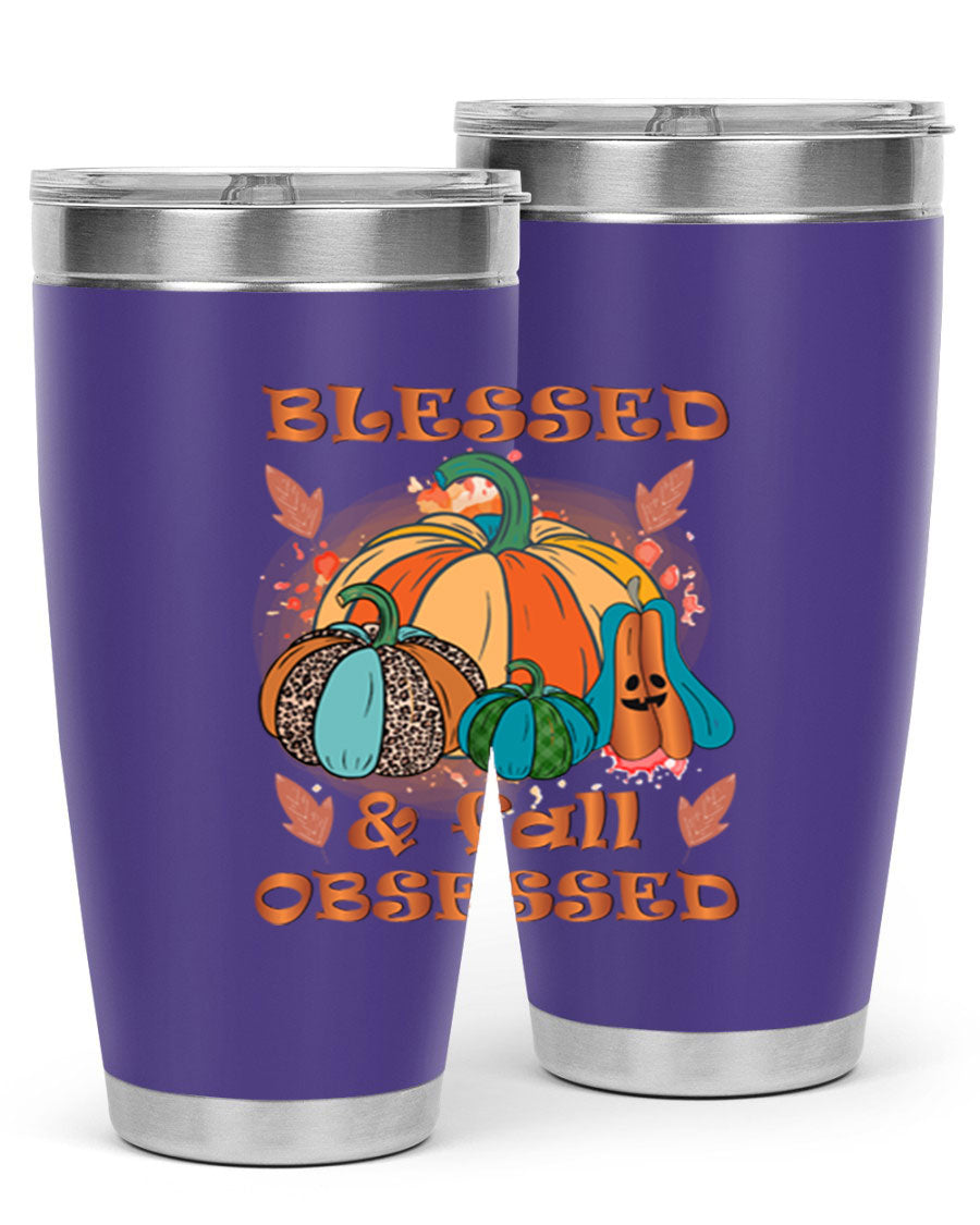 Blessed Fall Obsessed 20oz tumbler featuring double wall vacuum stainless steel and a stylish fall-themed design.