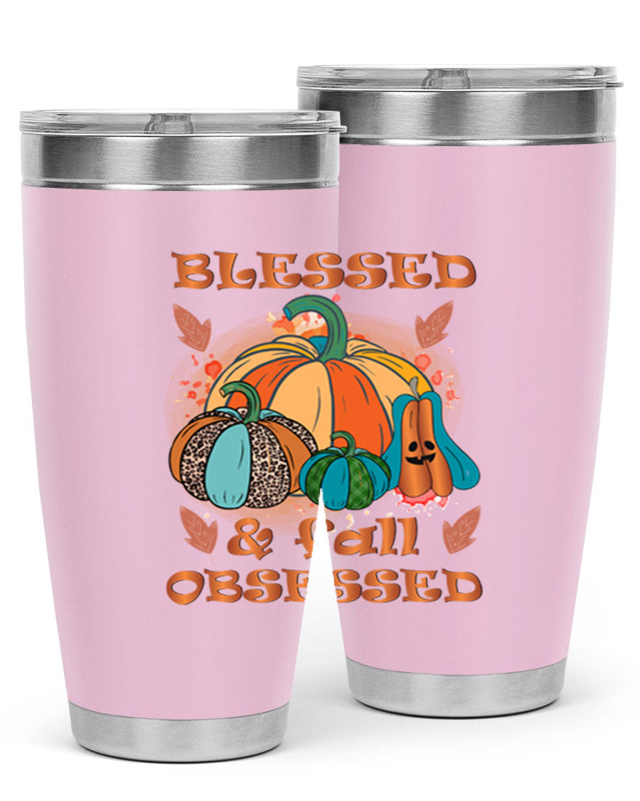 Blessed Fall Obsessed 20oz tumbler featuring double wall vacuum stainless steel and a stylish fall-themed design.