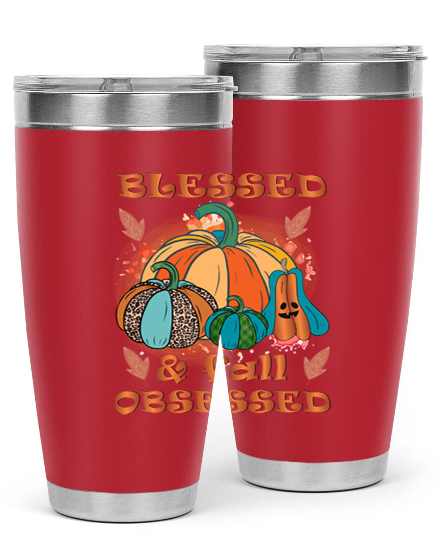 Blessed Fall Obsessed 20oz tumbler featuring double wall vacuum stainless steel and a stylish fall-themed design.