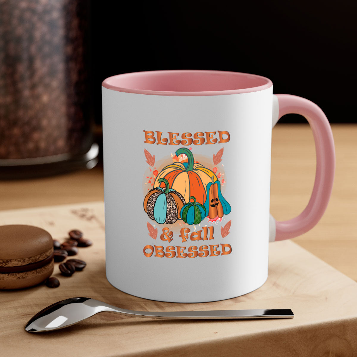 A stylish two-tone Blessed Fall Obsessed Mug with a glossy finish, featuring a colored handle and interior, perfect for coffee or tea.